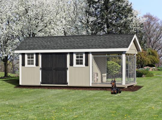 Front and side view of an 8x20 Elite single capacity residential kennel/shed combo in gray