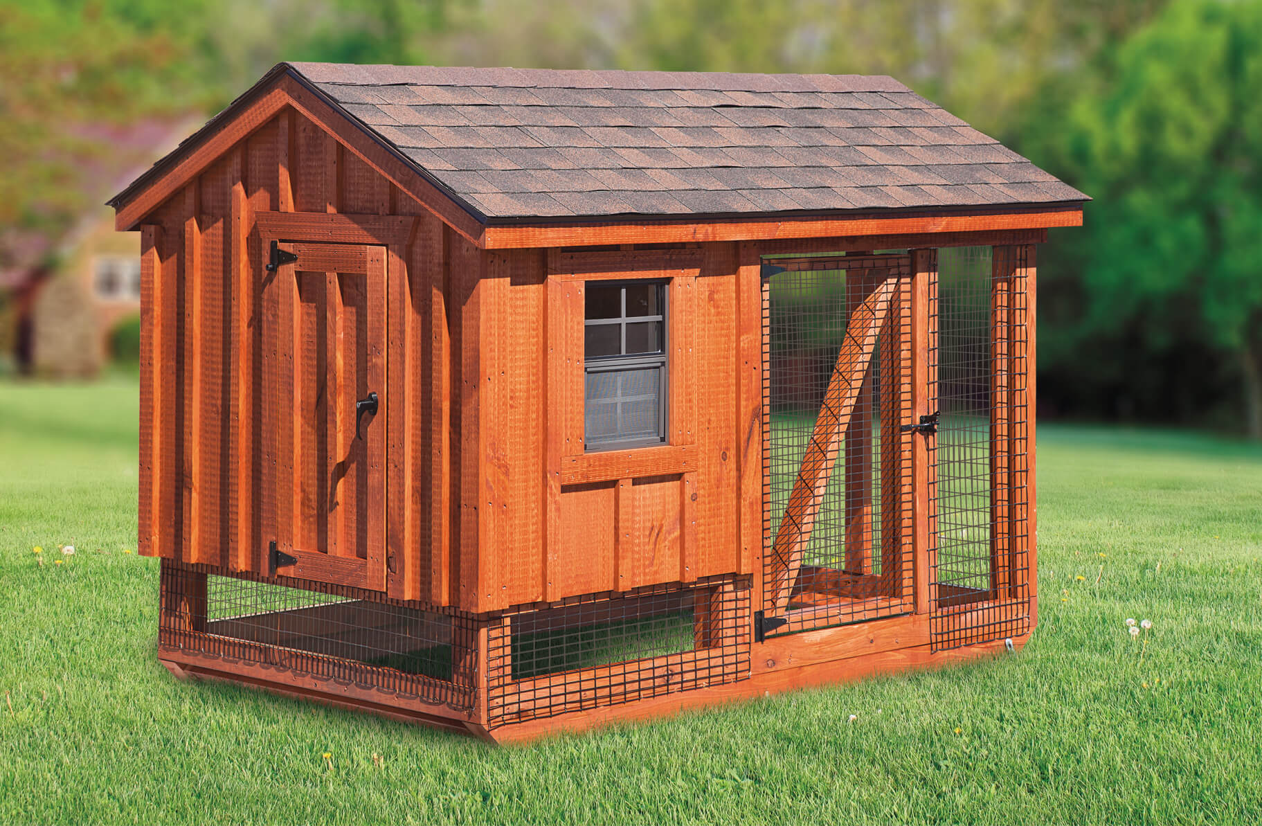 Exterior of a 5x7 A-Frame Combination chicken coop