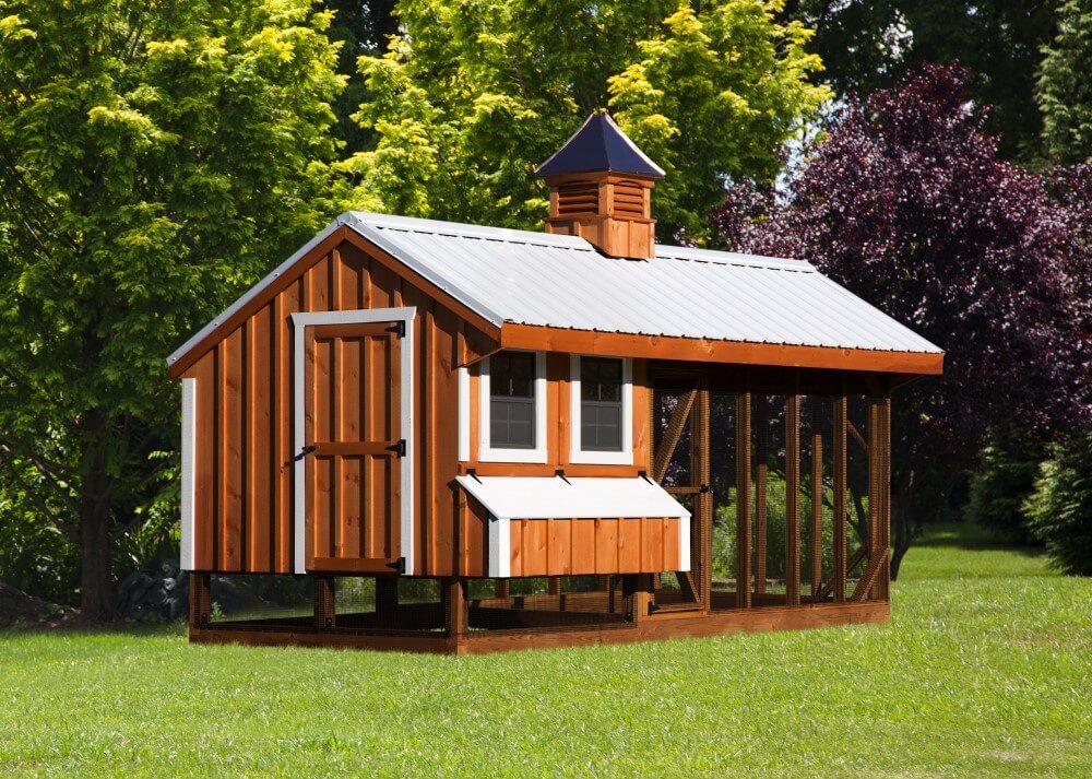 Exterior front view of a 7x16 Quaker Combination chicken coop with cupola