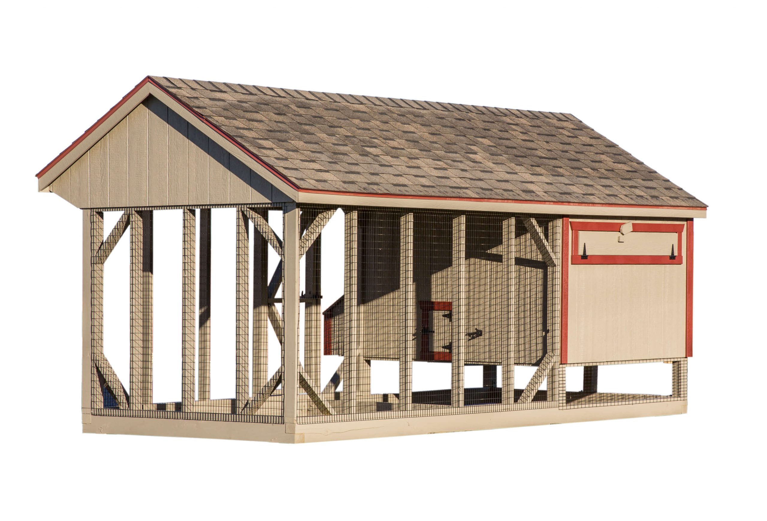 Exterior back view of a 7x16 Quaker Combination chicken coop with cupola