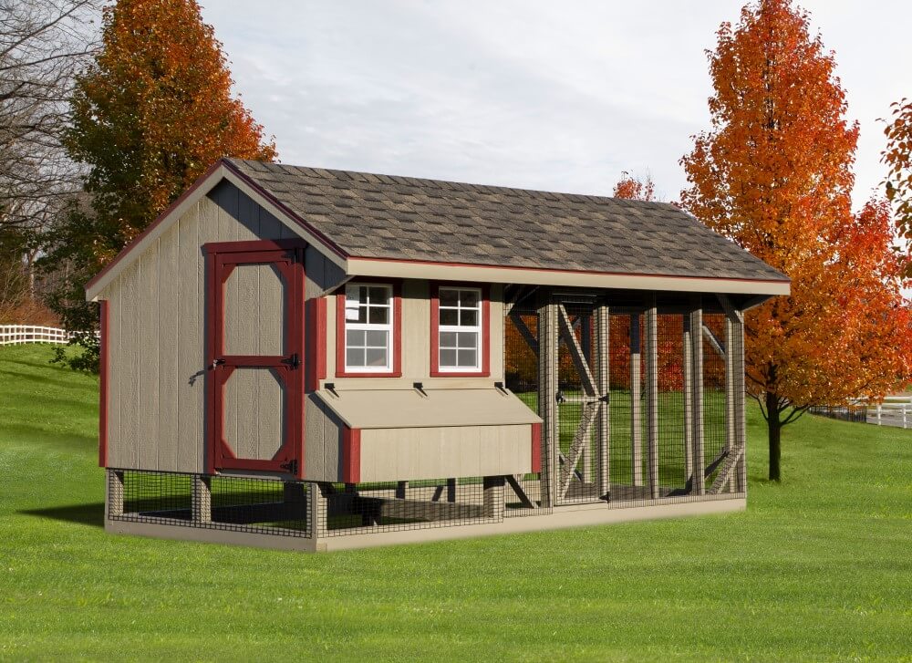 Exterior front view of a 7x16 Quaker Combination chicken coop