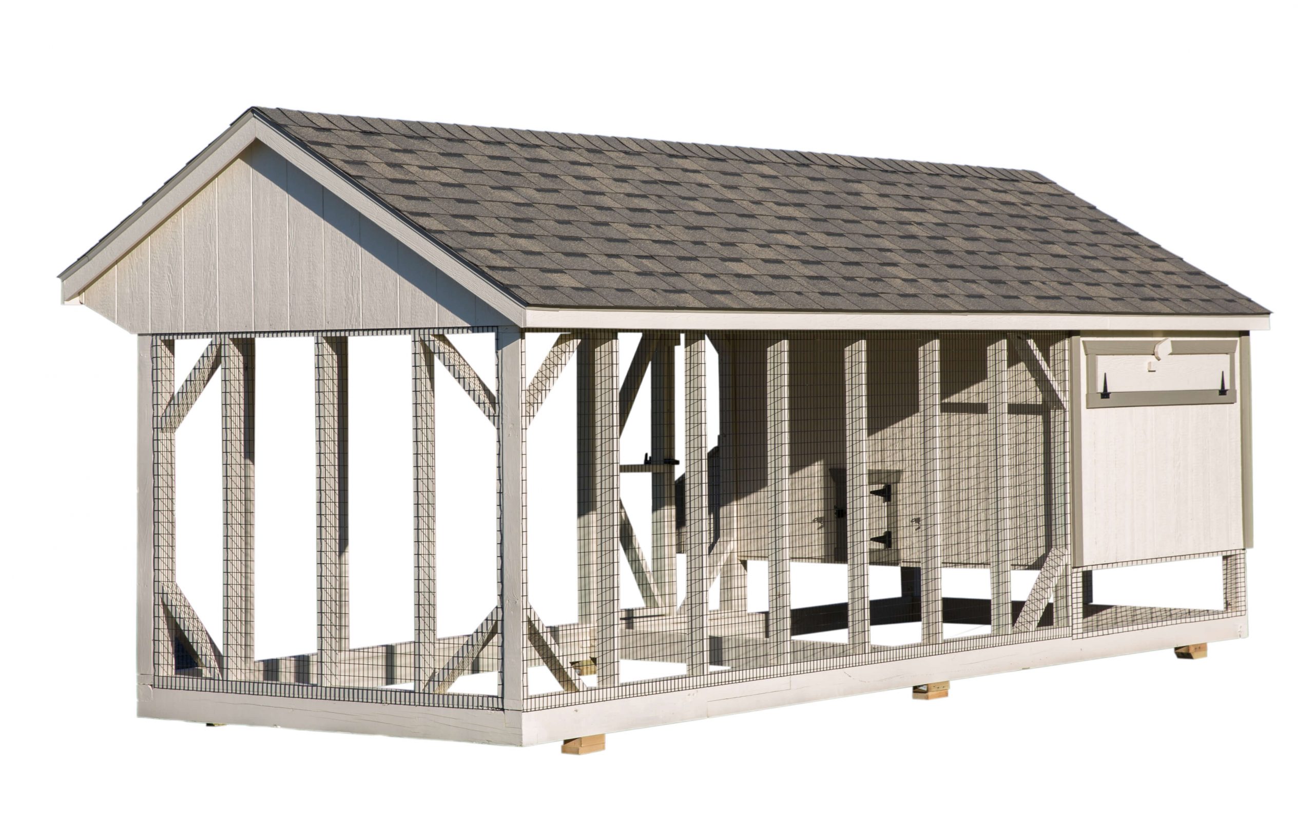 Exterior back view of a 7x20 Quaker Combination chicken coop with cupola
