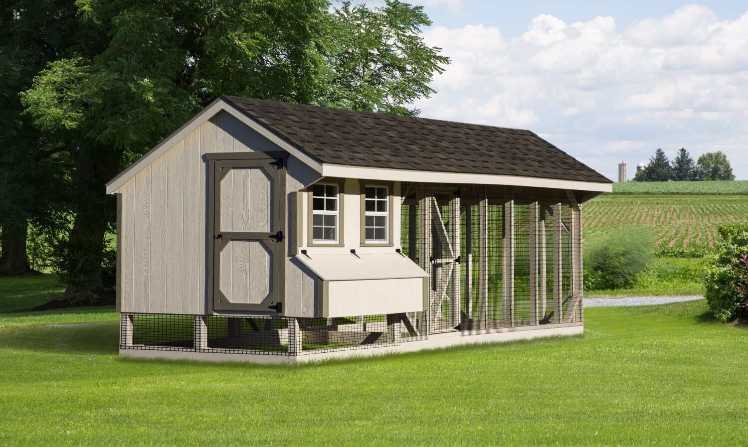 Exterior front view of a 7x20 Quaker Combination chicken coop with cupola