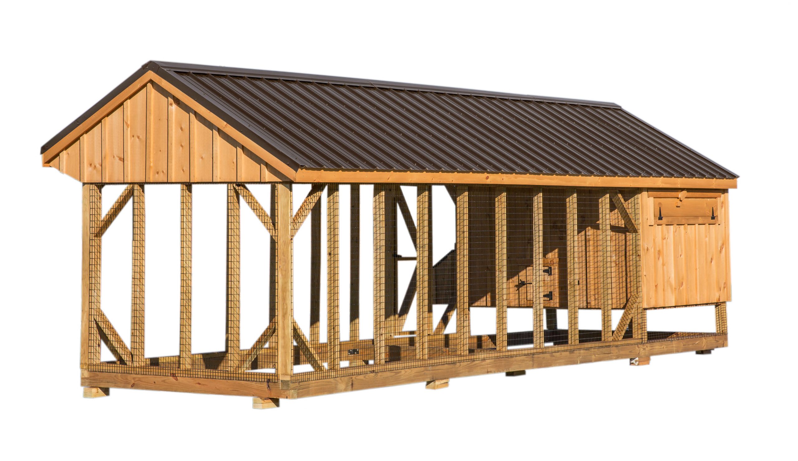 Exterior back view of a 7x24 Quaker Combination chicken coop with cupola