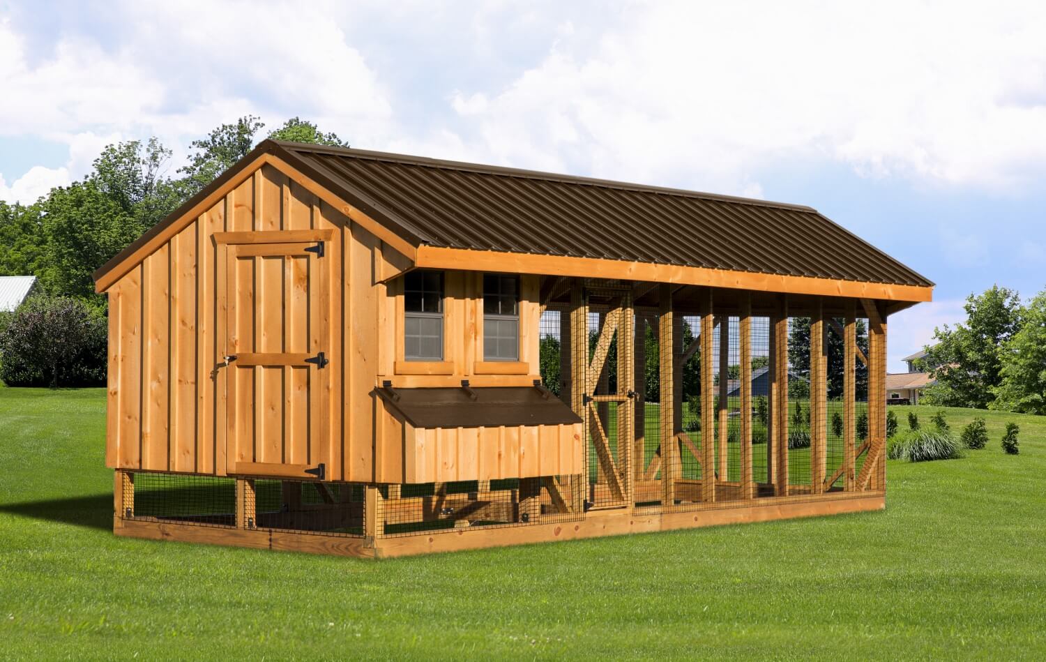 Exterior front view of a 7x24 Quaker Combination chicken coop with cupola