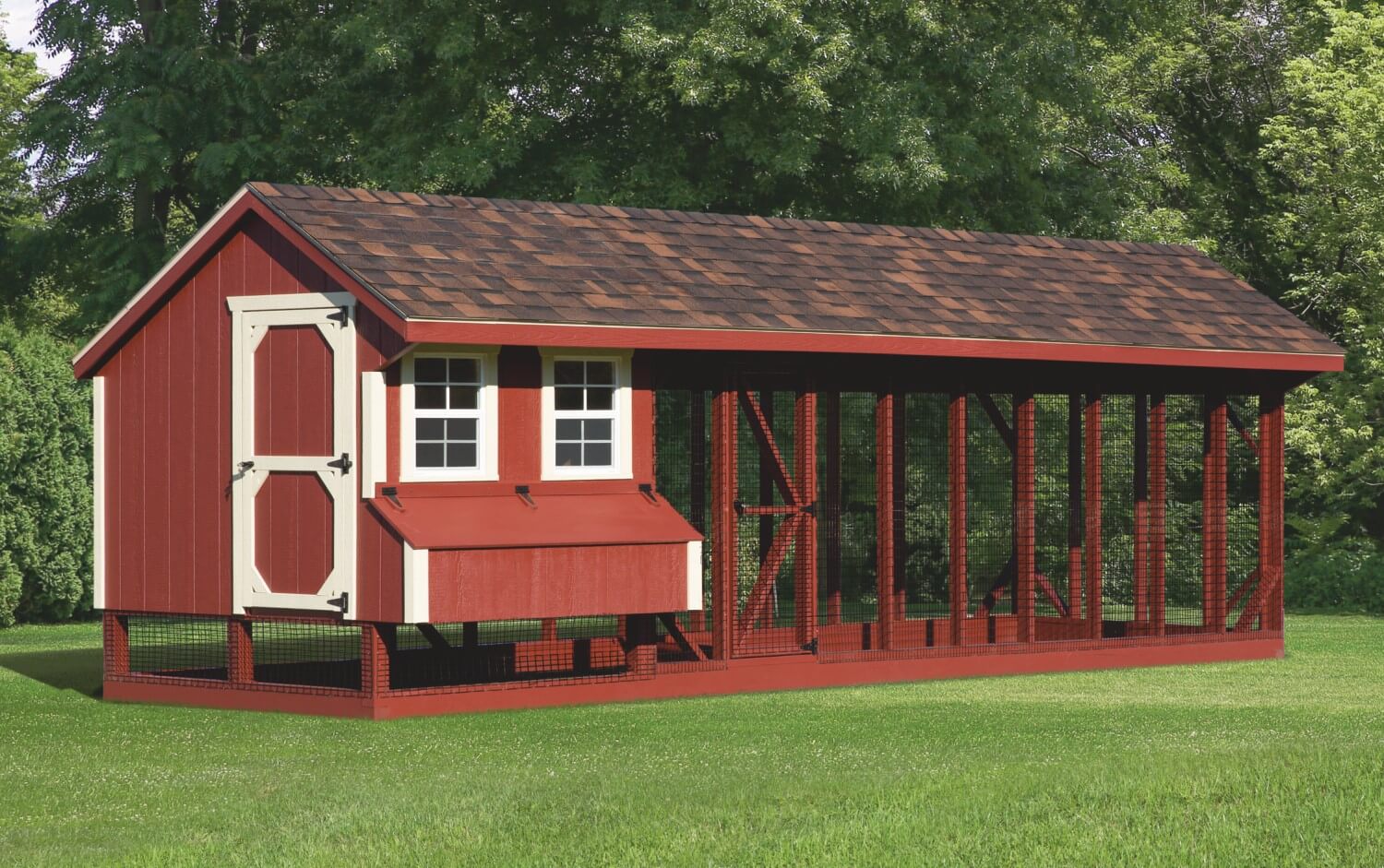 Exterior front view of a 7x28 Quaker Combination chicken coop with cupola