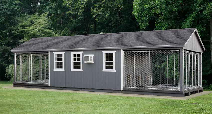 12x36 Commercial Kennel with dark gray siding, white trim, and dark gray siding.