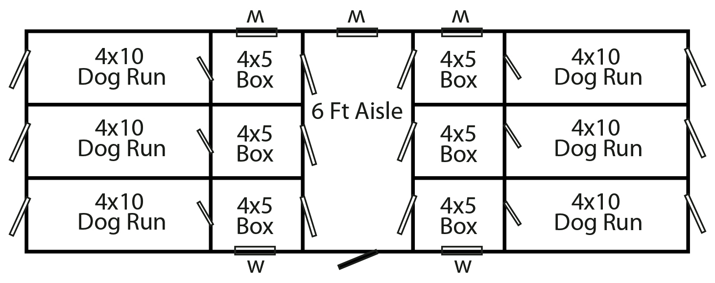 Floorplan of 12x36 commercial kennel with 6 dog runs