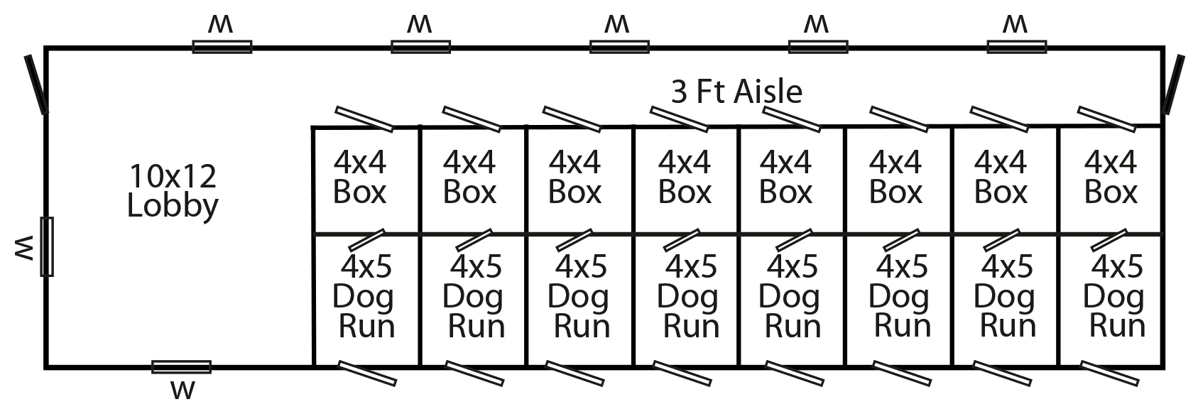 Floorplan of a 12x42 commercial kennel with 8 dog runs.