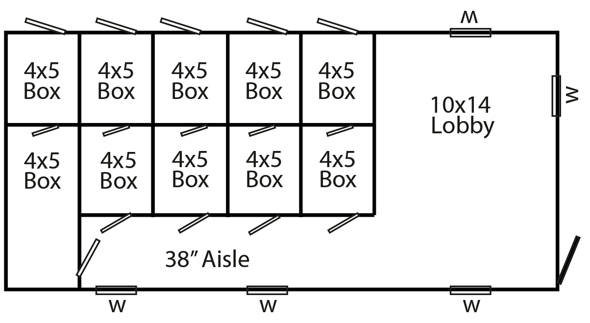 Floorplan of a 14x30 commercial kennel with 5 boxes and runs