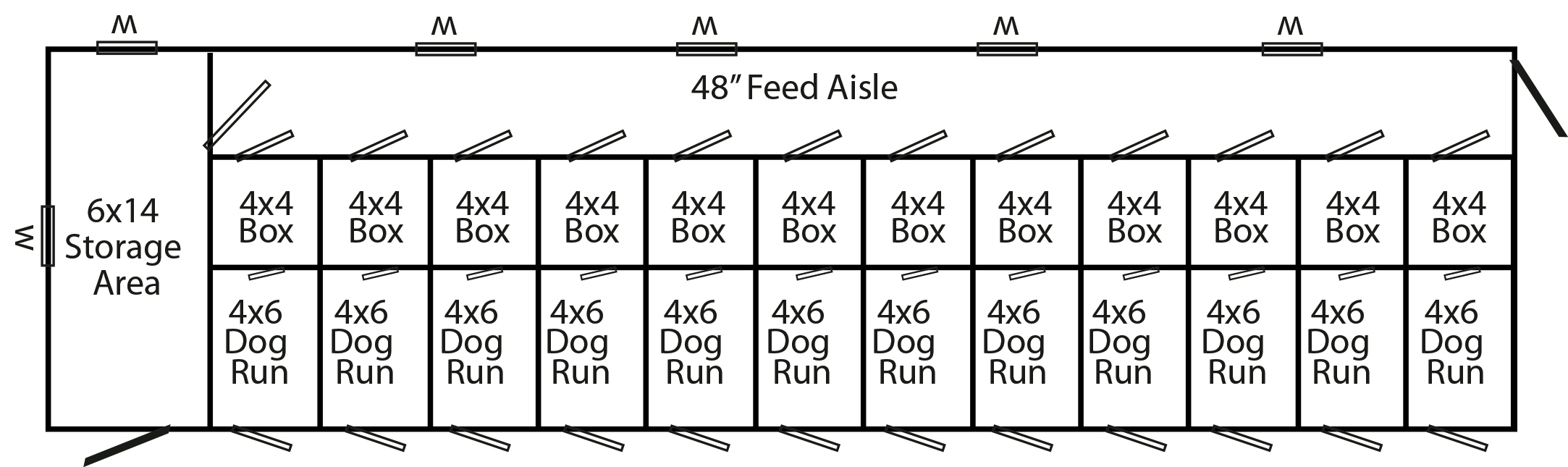 Floorplan of a 14x54 commercial kennel with 12-runs.
