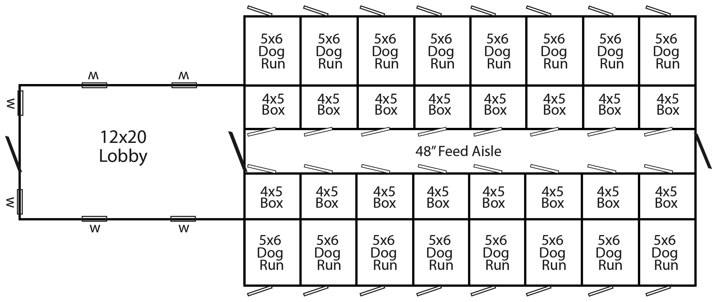 Floorplan of a 24x60 commercial kennel with 16 dog runs and a 12x20 lobby.