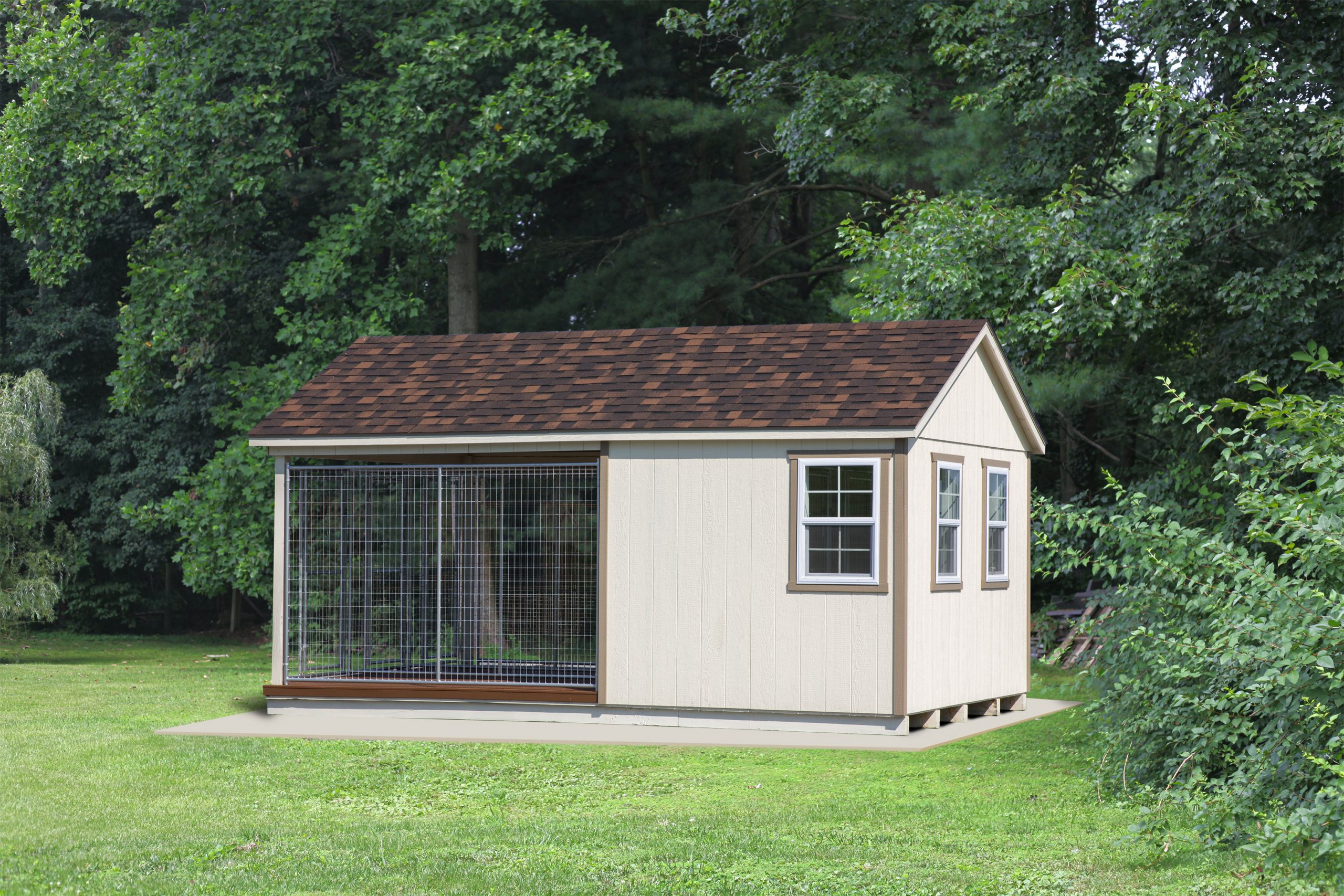 12x18 Commercial Kennel with 3 dog runs, white siding, brown roofing, and tan siding.
