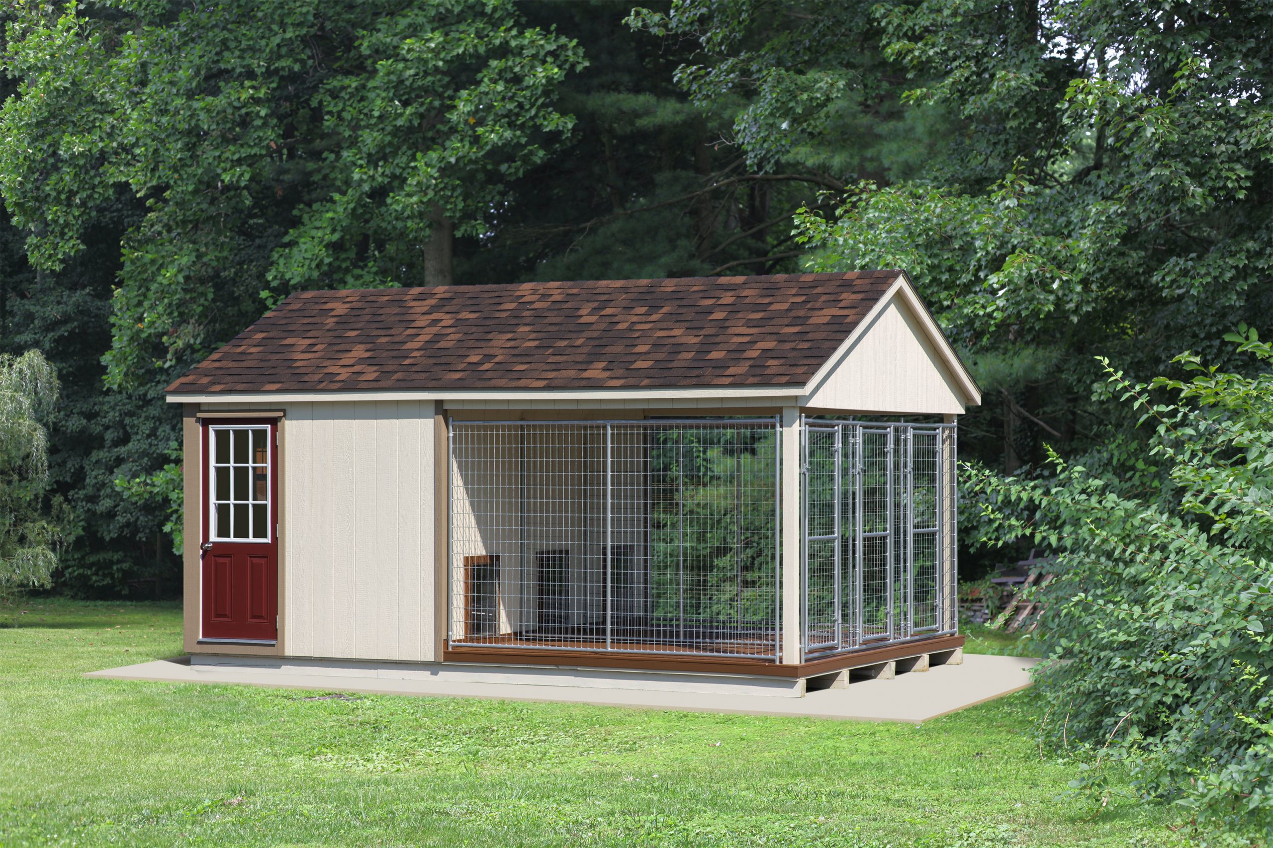 12x18 Commercial Kennel with 3 dog runs, white siding, brown roofing, and tan trim.