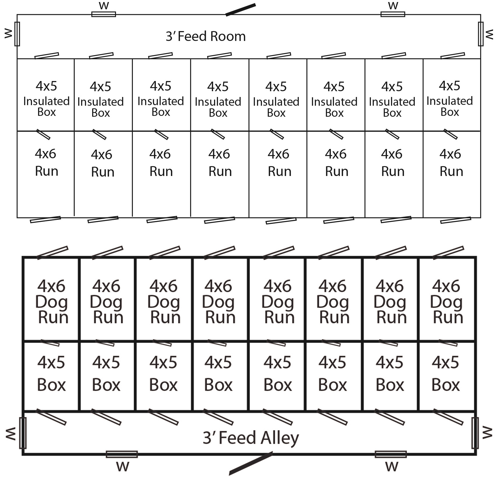 Floorplan of 2 14x32 commercial kennels with 8 dog runs each.