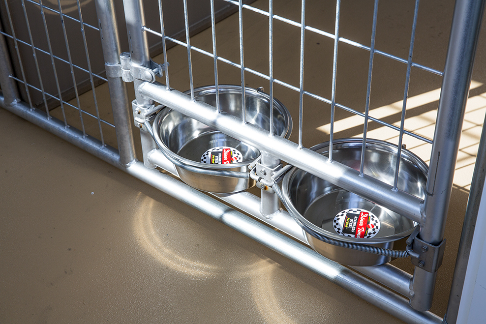 food and water bowl in kennel