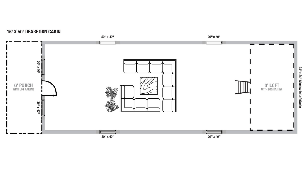 16x50 Dearborn log cabin floorplan.