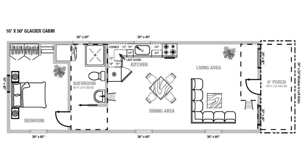 16x50 Glacier log cabin floorplan.