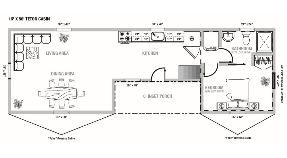 16x50 Teton log cabin floorplan.