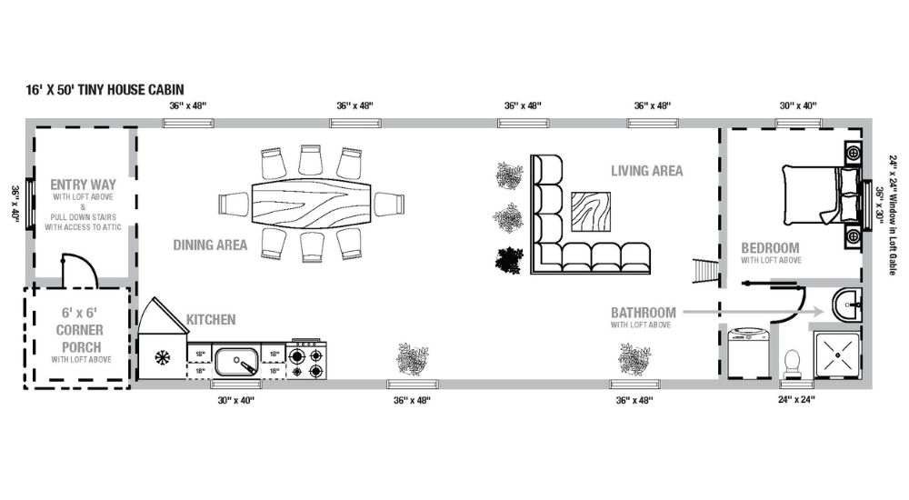 16x50 Tiny House log cabin floorplan.