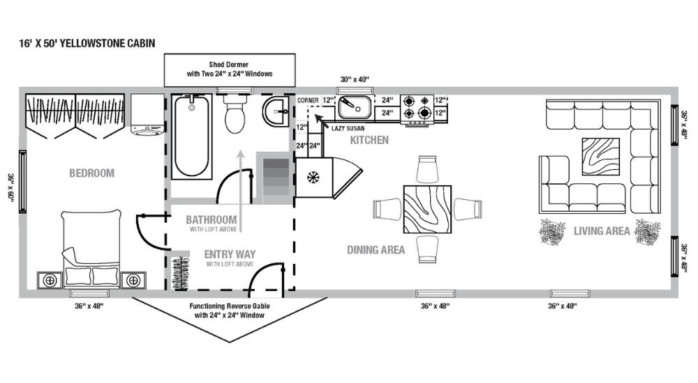 16x50 Yellowstone log cabin floorplan.