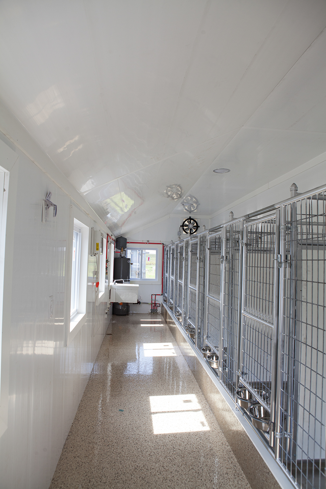 Interior of a 14x32 kennel with 8 boxes