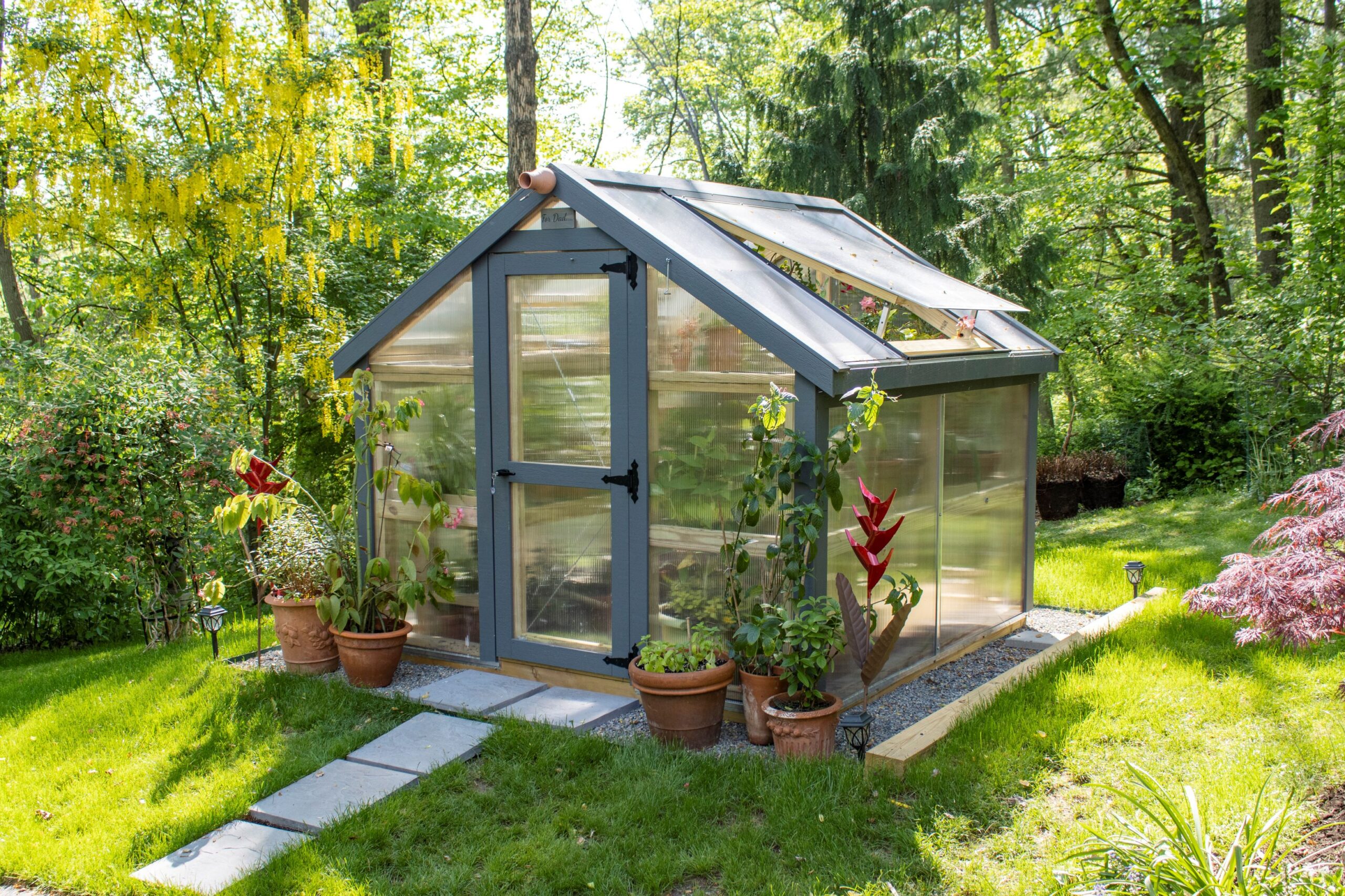 Right side view of a gray A-Frame Greenhouse with stone pathway and potted plants by the door