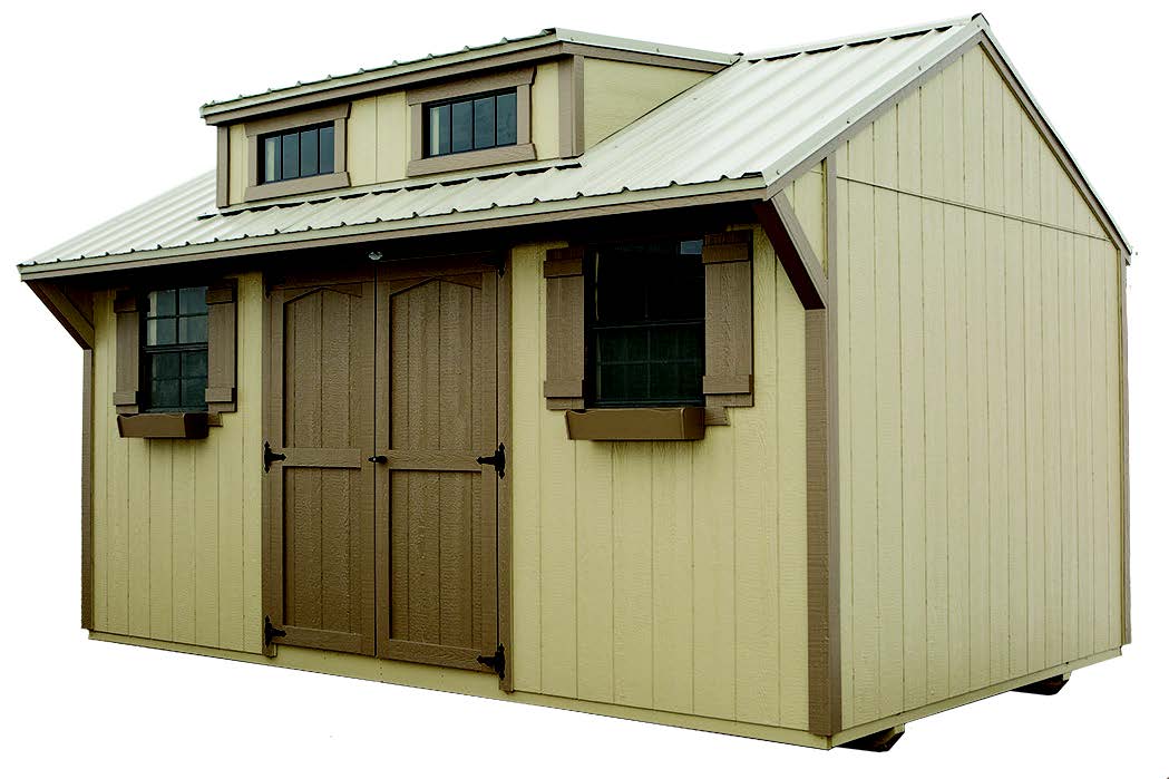 Front exterior of a tan and brown Quaker Shed