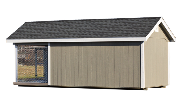 Back and side view of an 8x20 Elite single capacity residential kennel/shed combo in gray