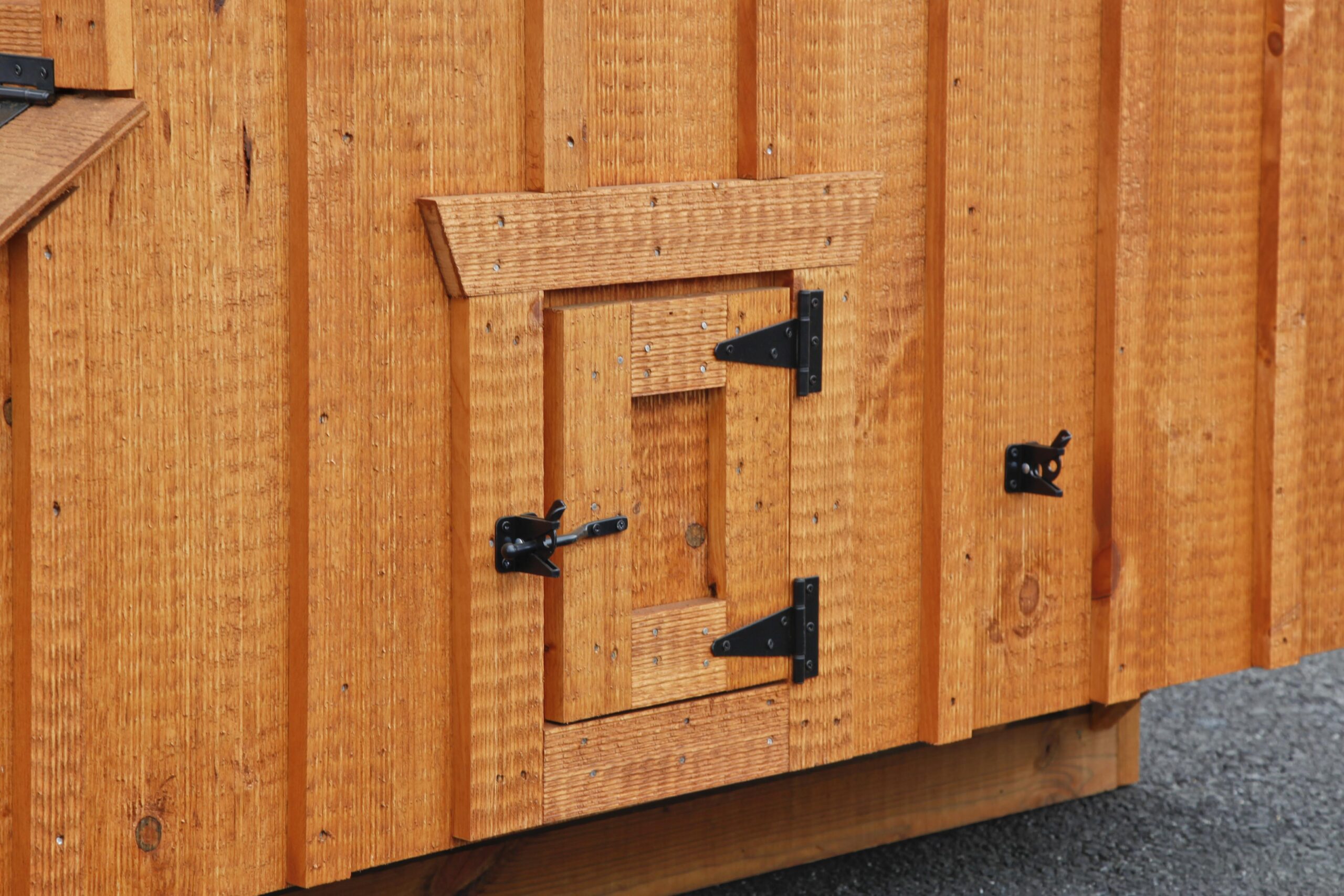 Close up of the exterior of a 5x8 Quaker chicken coop