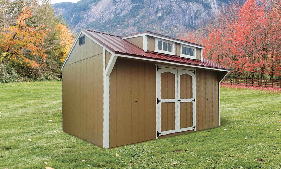 Exterior of a brown and white Quaker Shed