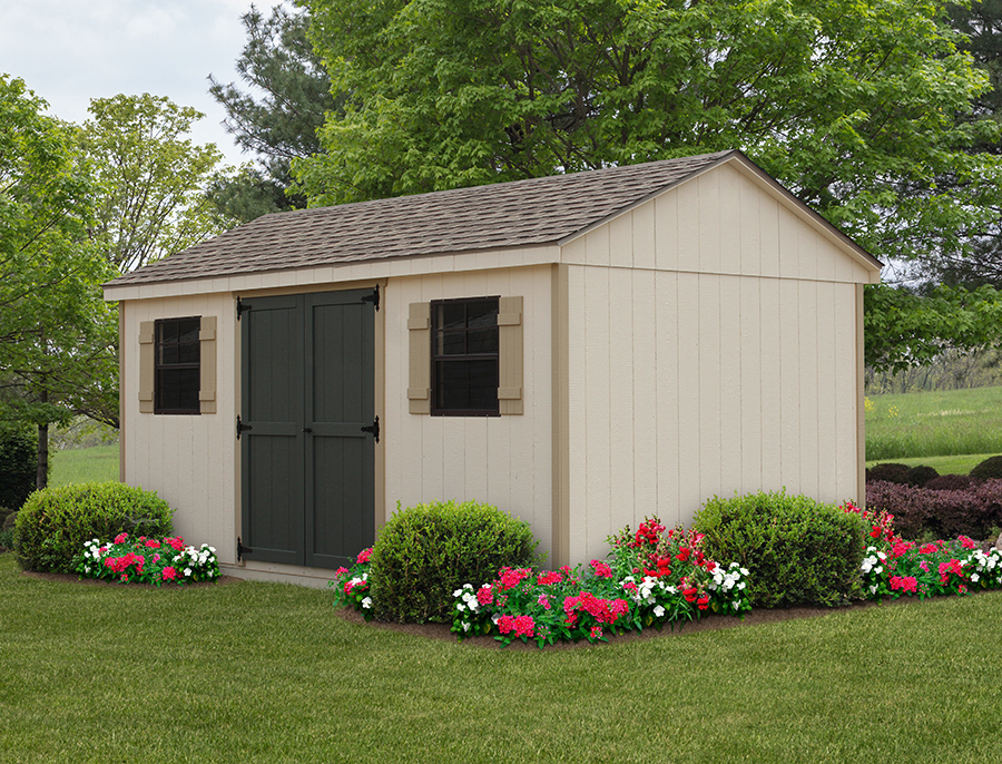 A-Frame Storage Shed with tan siding, tan trim, dark double doors, dark windows with tan shutters, and brown roofing.