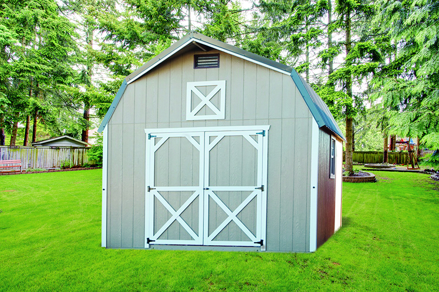 Front exterior of a High Barn Shed with tan siding and white trim.