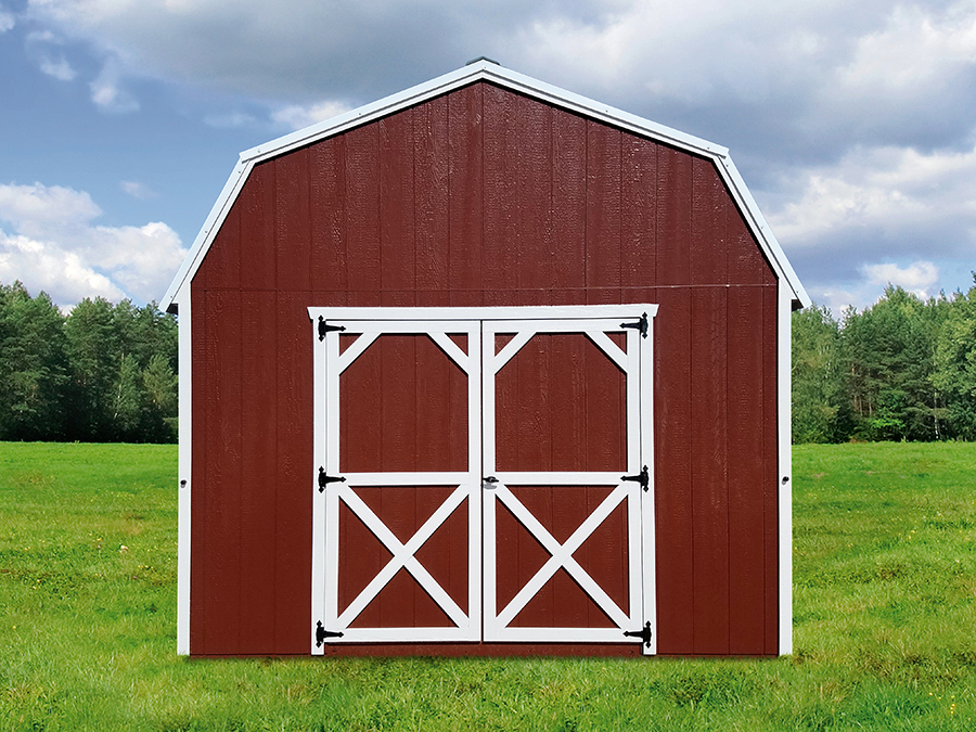Front exterior of a High Barn Shed with red siding and white trim.