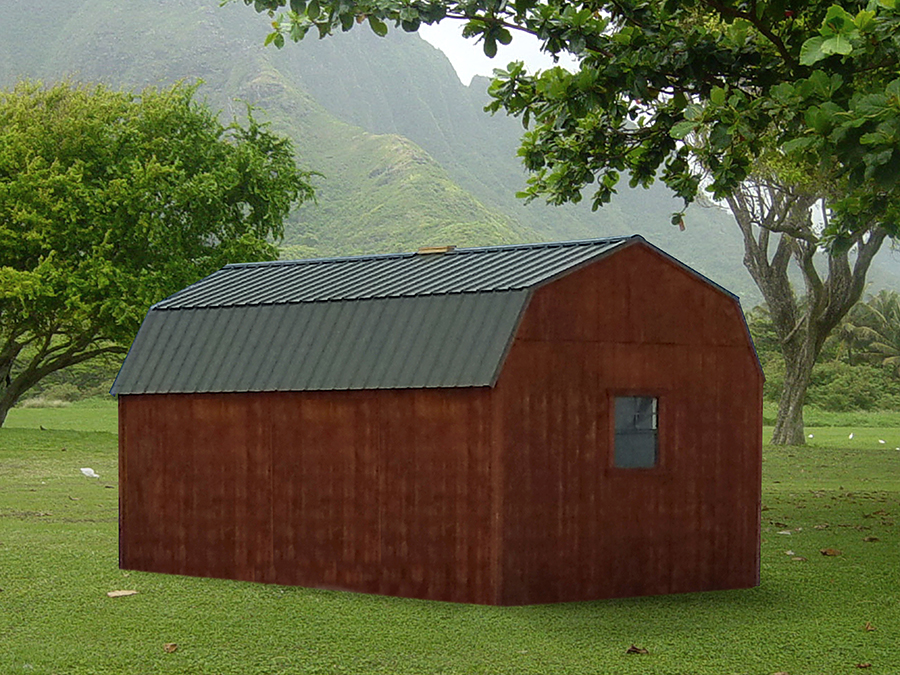 Front and side exterior of a High Barn Shed with dark gray roofing.