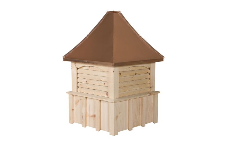 Board & batten wood cupola with vents and a copper roof