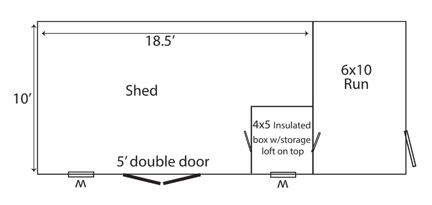 Floorplan of a 10x24 Traditional single capacity kennel/shed combo