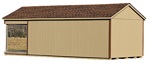 Back and side view of a standard 10x24 single capacity kennel and shed combo