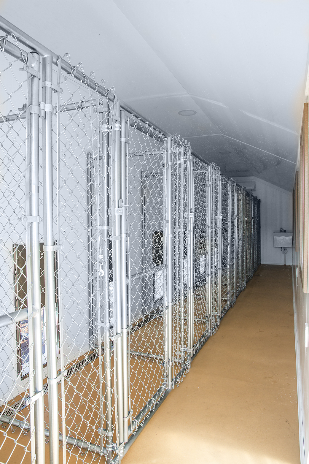 Interior of a 12x32 kennel with 8 boxes