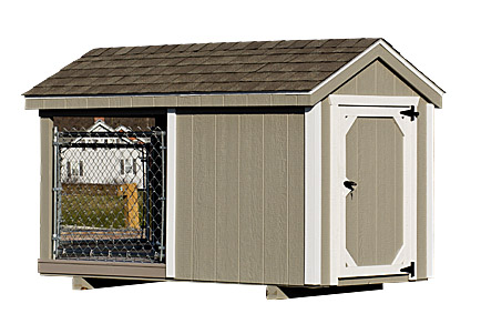 Back view of a 4x8 single capacity dog kennel with tan LP siding and white trim