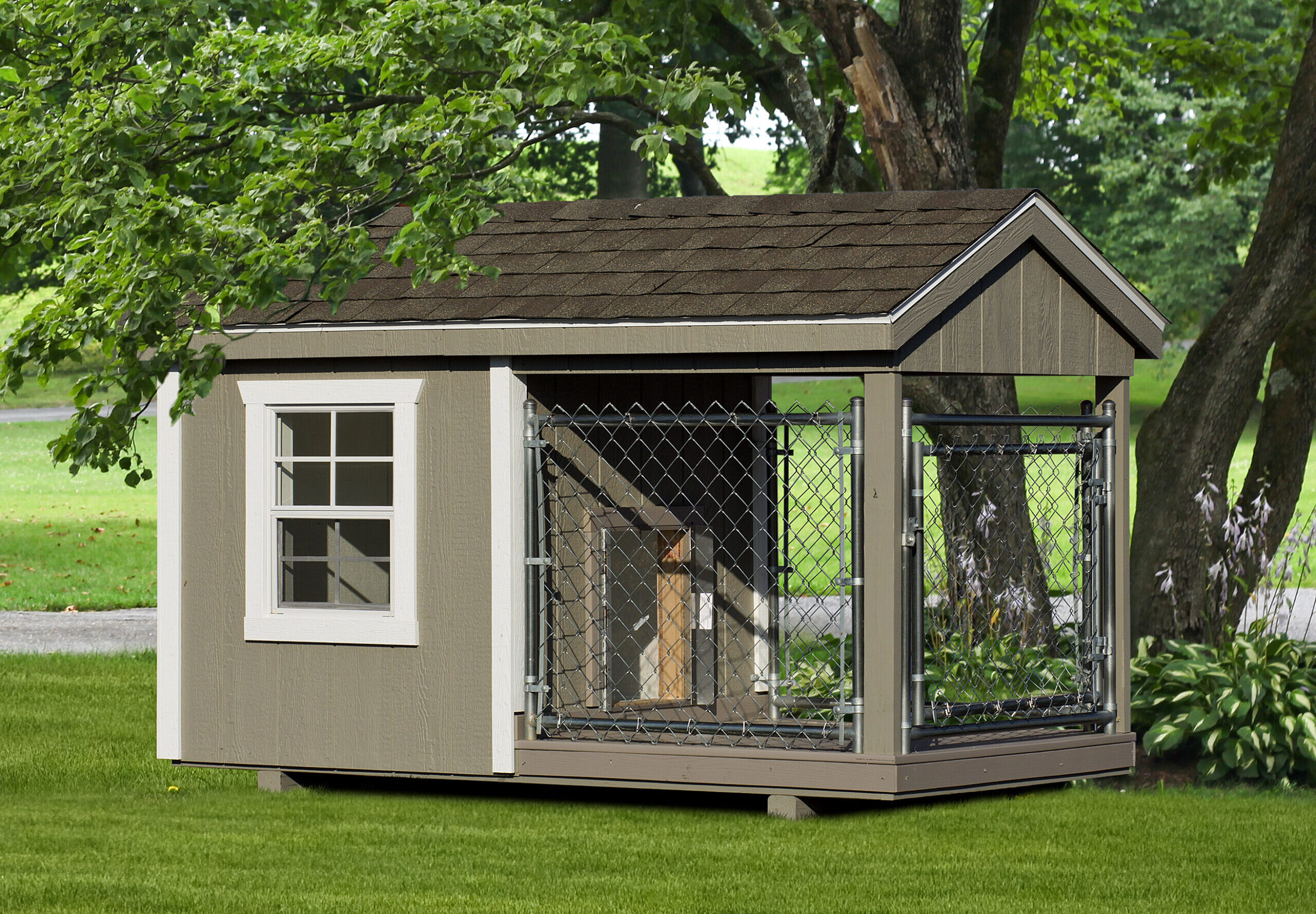 Front view of a 4x8 single capacity dog kennel with tan LP siding and white trim
