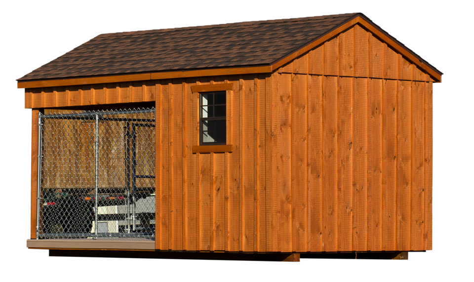 Back view of an 8x14 traditional single capacity kennel with a feed room