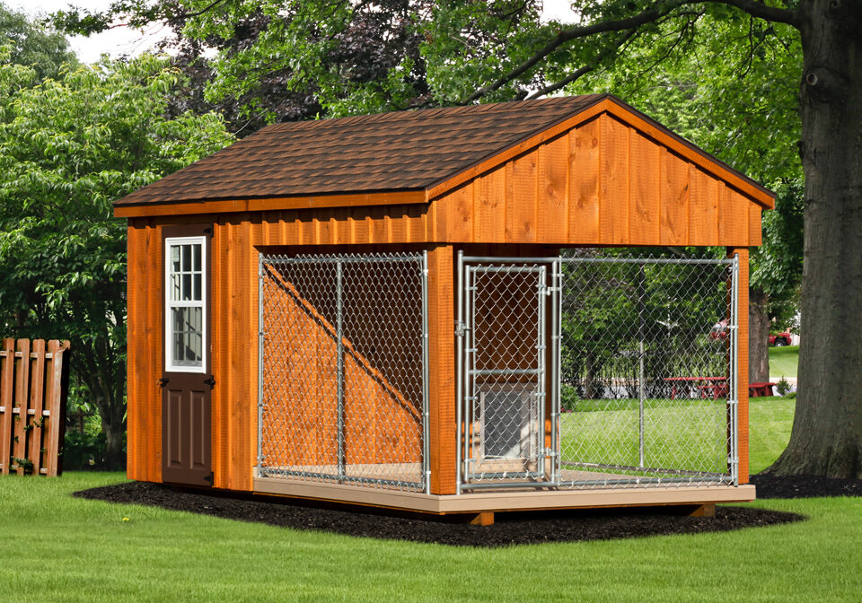 Front view of an 8x14 traditional single capacity kennel with a feed room