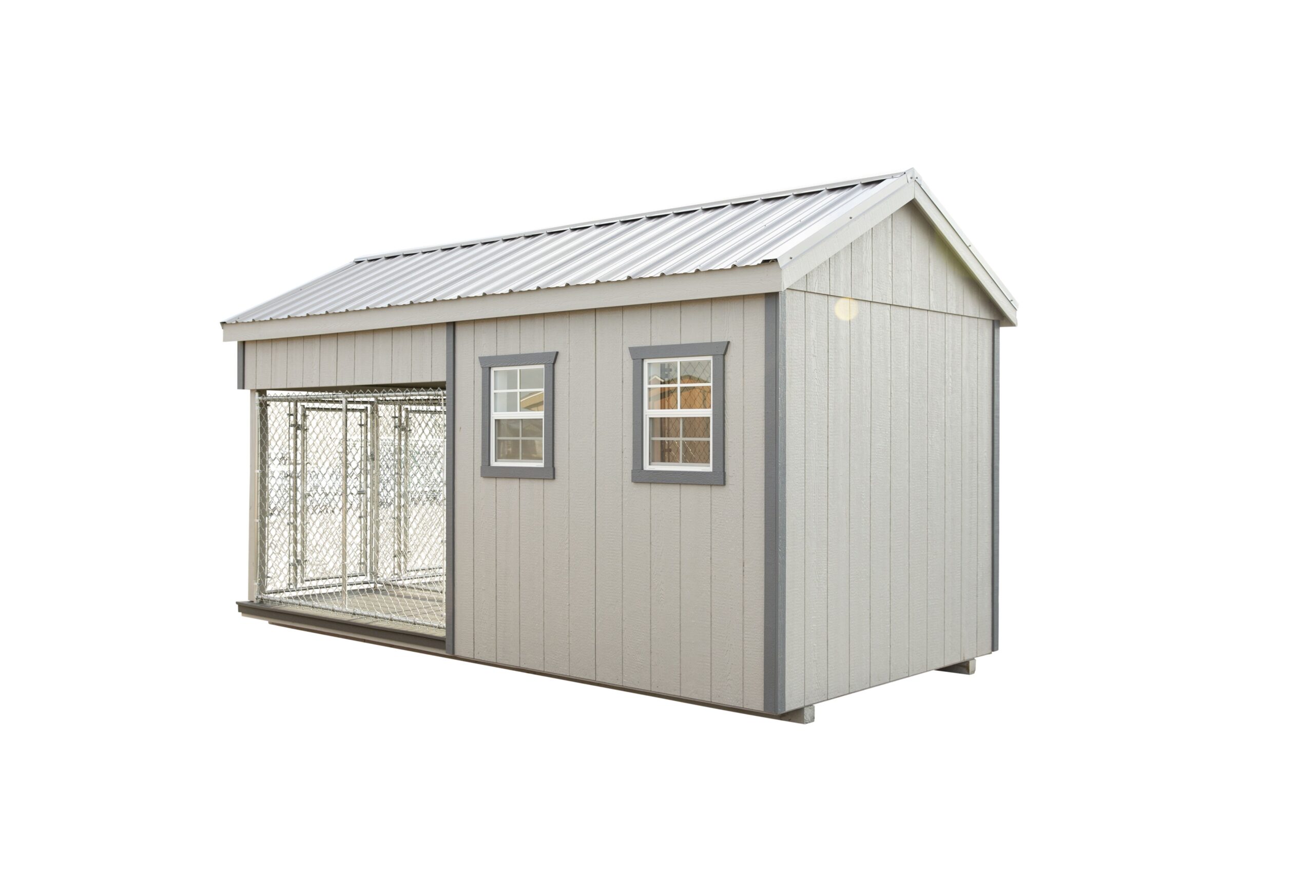 Side and back view of an 8x16 double capacity kennel with LP siding