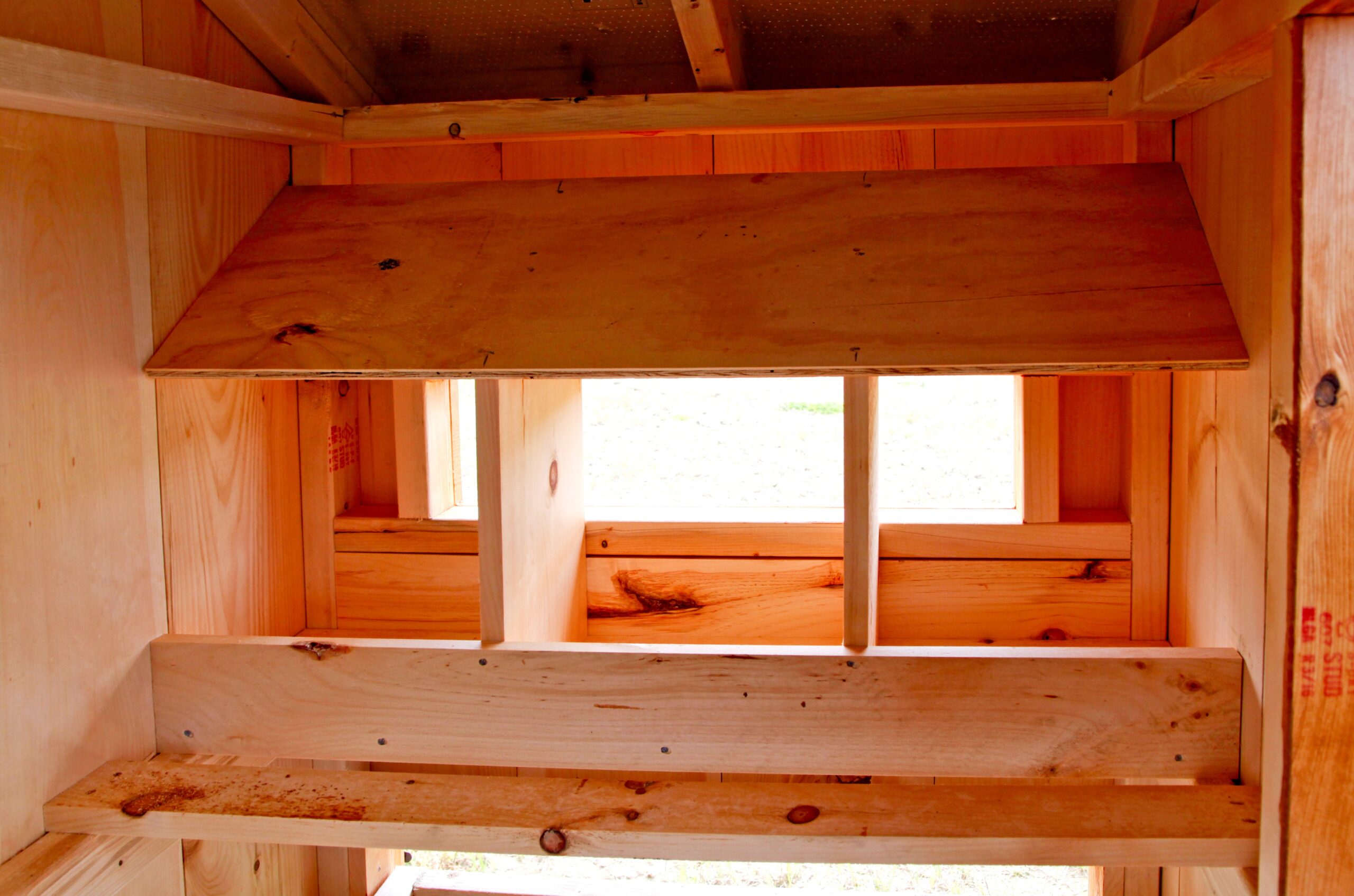 Close up of details of a 5x7 A-Frame Combination chicken coop interior