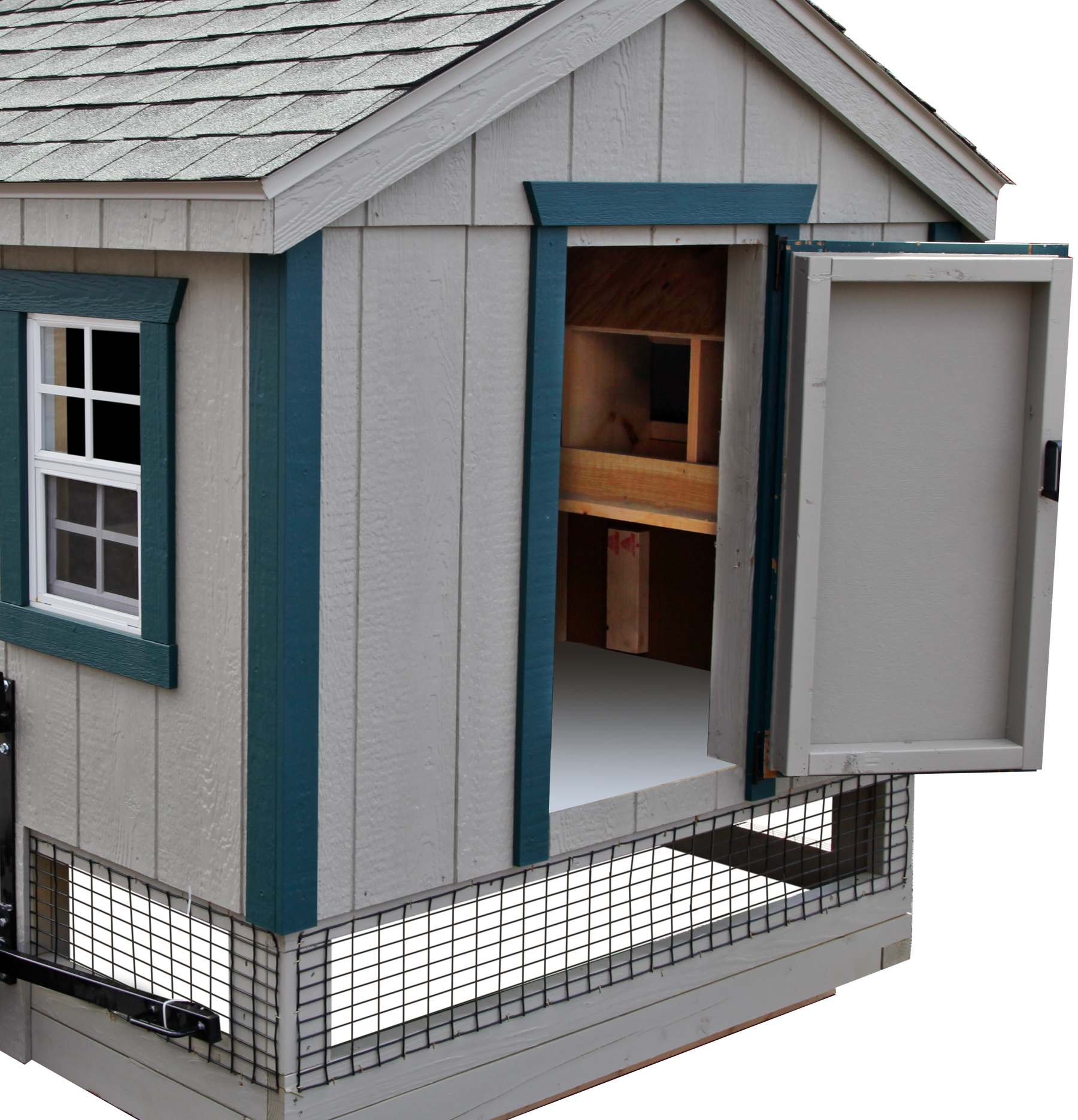 Close up of details of a 5x7 A-Frame Combination chicken coop exterior