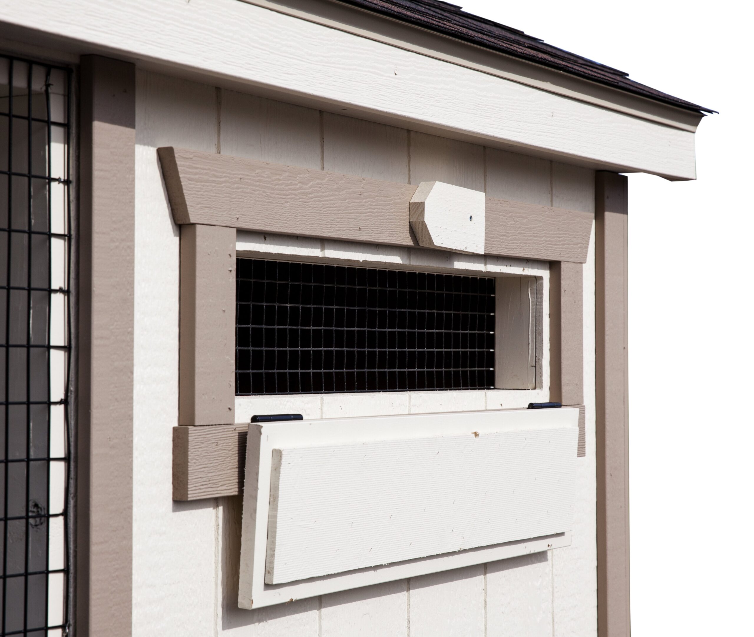 Close up of the exterior of a 6x10 Quaker Combination chicken coop vent