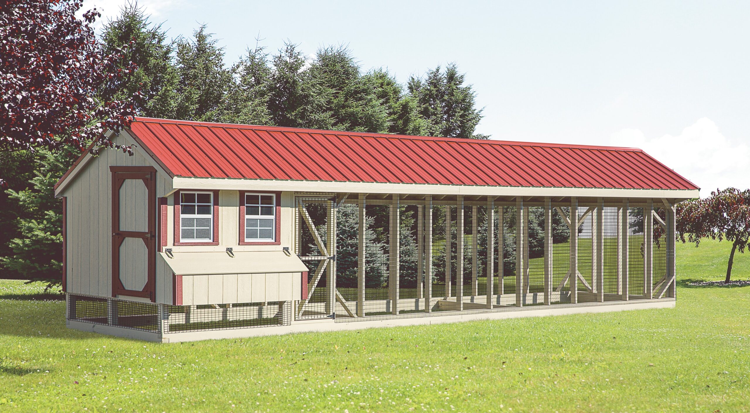 Exterior front view of a 7x32 Quaker Combination chicken coop