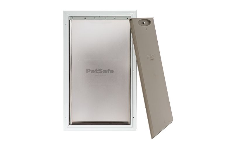 Close up of a PetSafe dog door for dog kennels