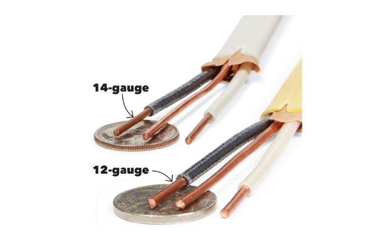 Close up of a comparison between 12-gauge wiring and 14-gauge wiring